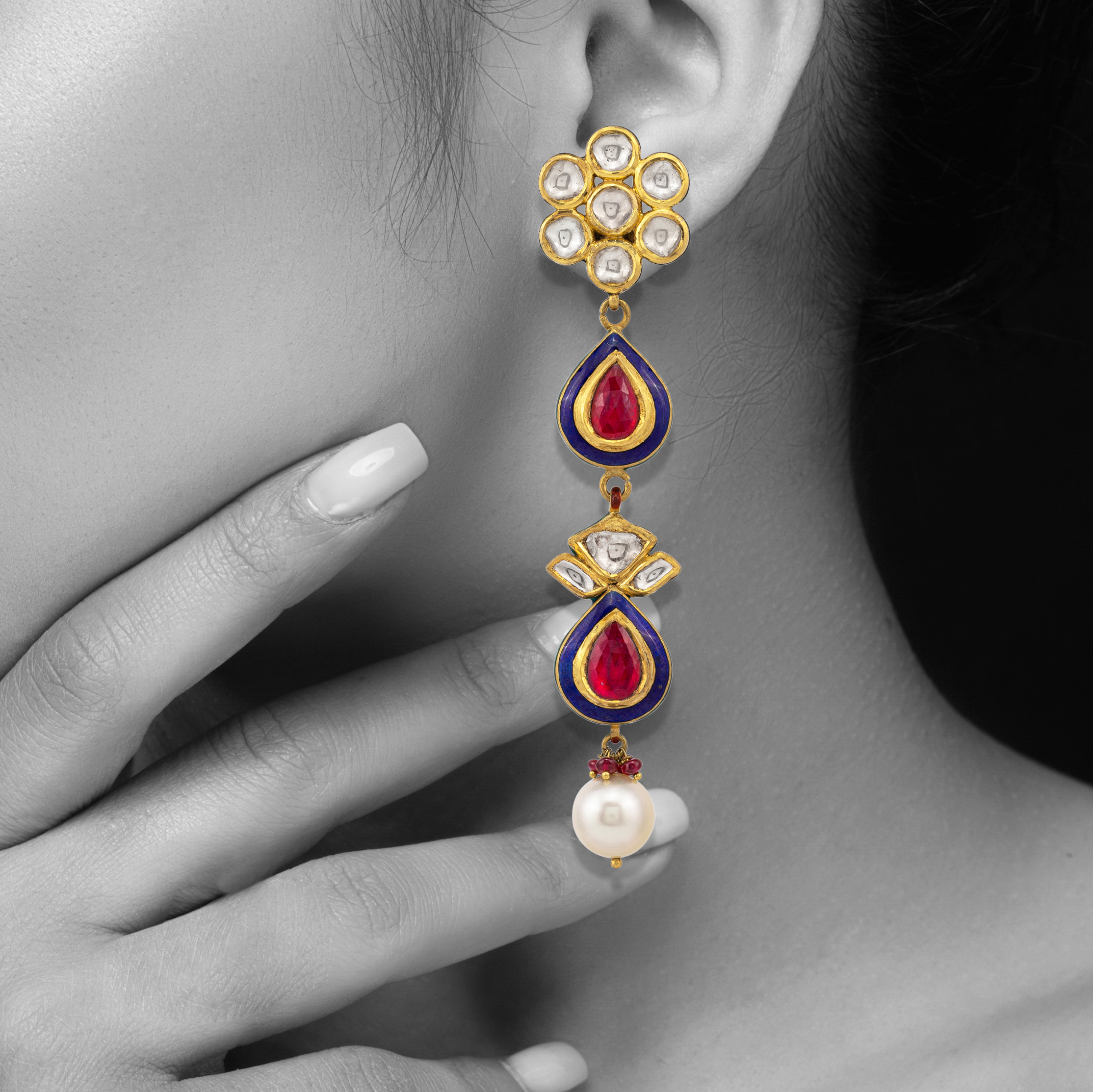 Floral Red Polki Earrings with Blue Enamel and Pearl Drop